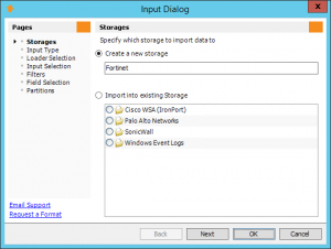 Importing Log Files Wizard - Creating a new Storages