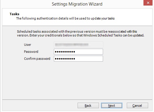 Settings Migration Wizard - Tasks Page