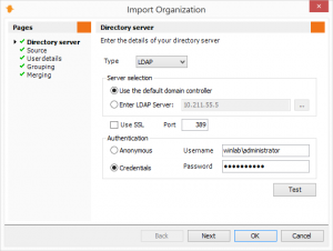Organization Import Directory Server Page