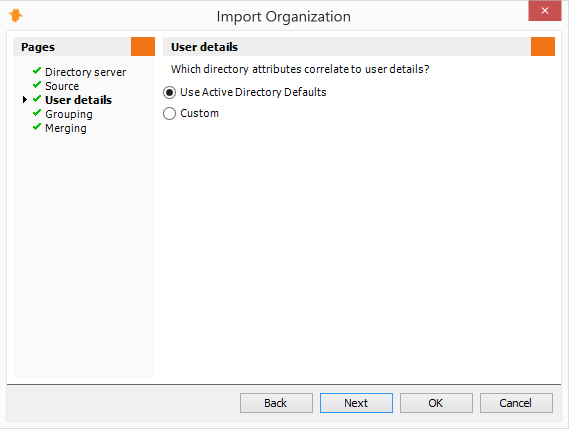 Import Organization Wizard - User Details - Active Directory Defaults